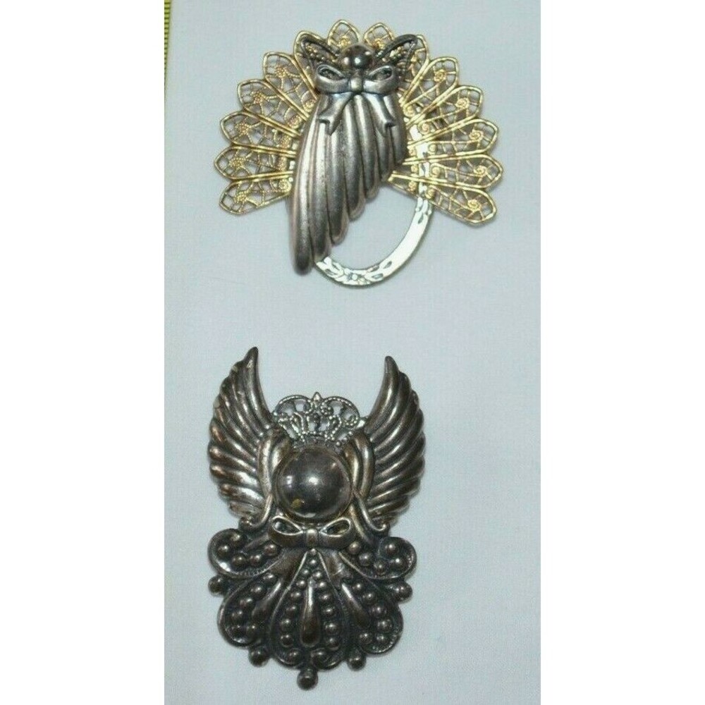 Vintage Christmas Angel Pin Brooch Lot of 2 Mixed Metal and Openwork
